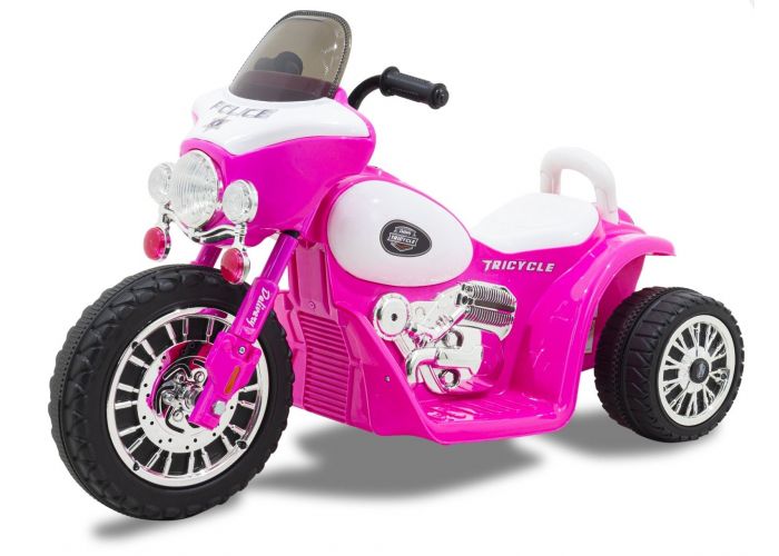 Moto de police électrique pour enfant 'Wheely' rose roues volant accélérateur vue de côté